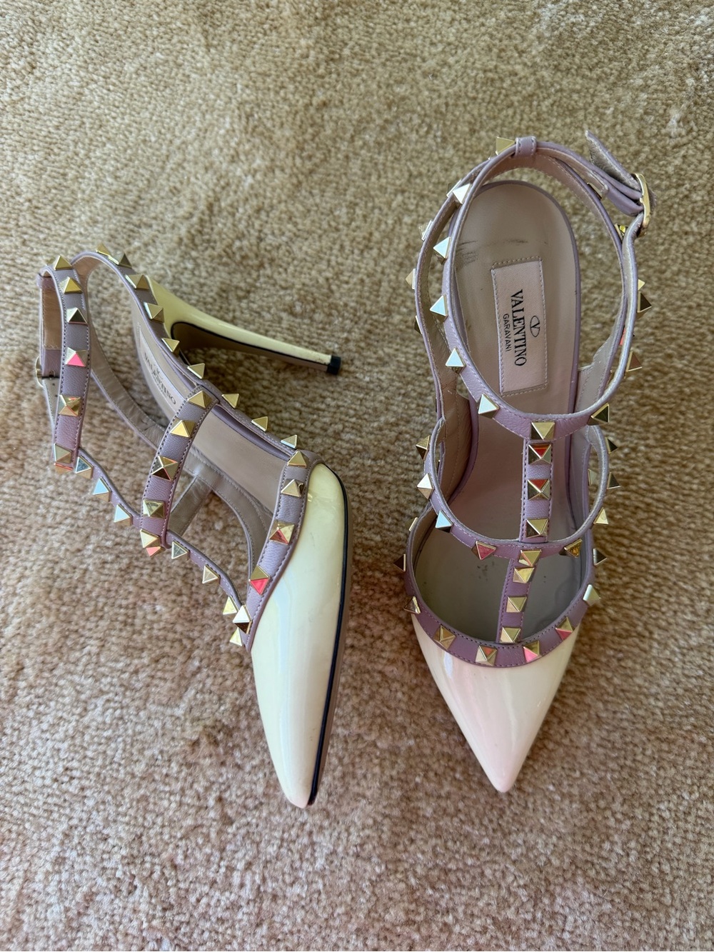 Valentino Garavani Rockstud caged leather white beige studded high heels 38
